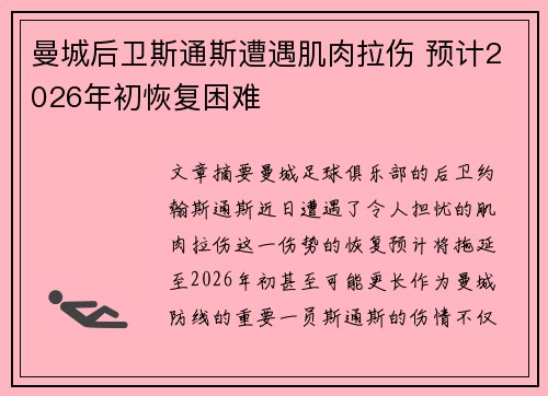 曼城后卫斯通斯遭遇肌肉拉伤 预计2026年初恢复困难 曼城后卫斯通斯遭遇肌肉拉伤 预计2026年初恢复困难