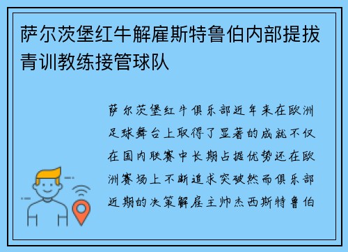 萨尔茨堡红牛解雇斯特鲁伯内部提拔青训教练接管球队